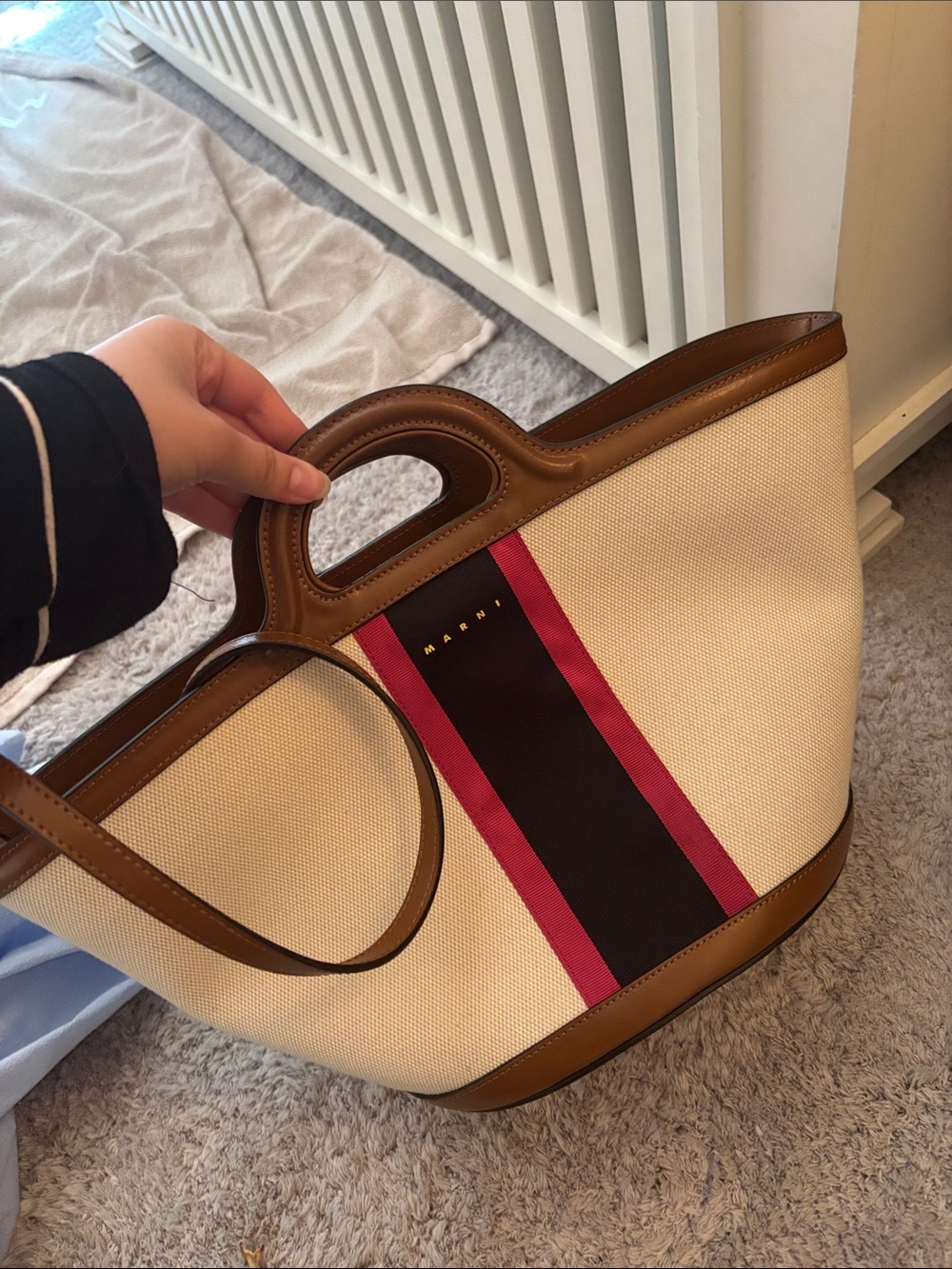Marni Cream Canvas Tote with Brown Leather Trim and Pink-Black Center Stripe - Picture 4 of 6